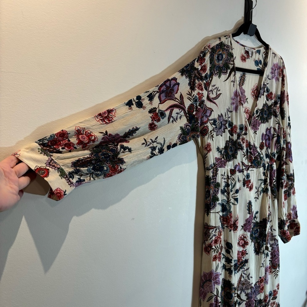 PATRONS OF PEACE Sz M Floral Faux Wrap Balloon Cuffed Sleeves Deep-V Maxi  Dress - Picture 5 of 14